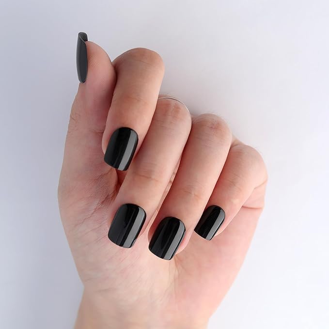 Black Press on Nails Short Square, Classic Black Fake Nails, Glossy Gel Finish Acrylic Nails, fall Thick Reusable Glue on Nails Kit for Women, 24Pcs