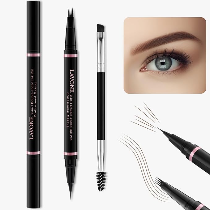 LAVONE Eyebrow Pencil Makeup Kit Waterproof 2-IN-1 Microblading Pen/Pomade Eyeliner and Dual-ended Brush, Brow Pencil Kit for Natural Eyebrows, Dark Brown