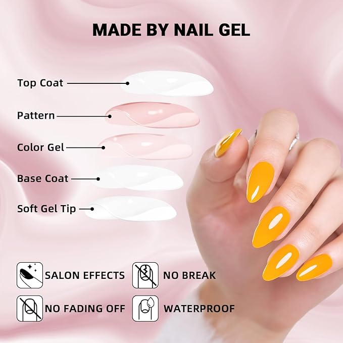 WOOYAS Almond Glossy Press On Nails - Medium Length, Yellow/Orange Glue On False Nails with Adhesive Tabs, 24pcs Reusable Kit