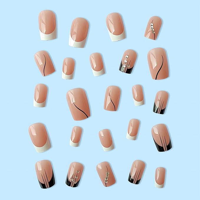 Medium Press on Nails Square Fake Nails Black White French Acrylic Nails Press on Glossy Short Glue on Nails with 3D Rhinestone Designs French Manicure False Nail Tips Artificial Nails for Women Girl