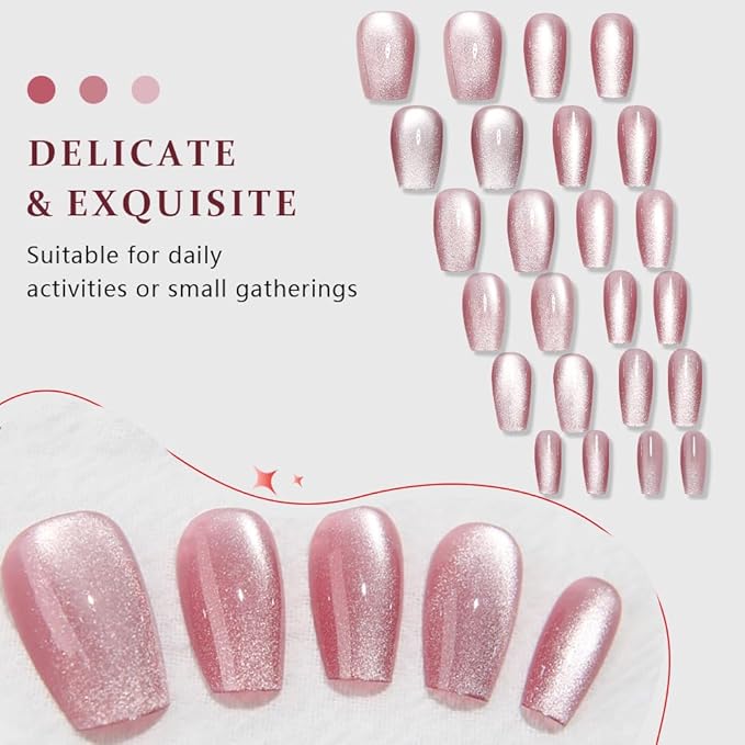 evpct Pink Cat Eye Press on Nails Square Medium Coffin, Medium Square Glue on Nails for Women Gift, Plum Pink Metallic Glitter Glossy Reusable Spring Summer Gel Press on Acrylic Fake Nail with Designs