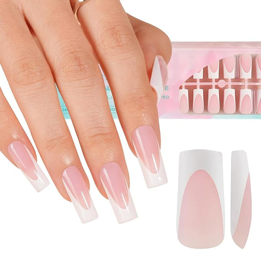 Misssix Deep French Gel Nail Tips, 150Pcs French Tip Press on Nails Long Square Pink, No Need to File 3 in 1 Tips Pre-lasting, Fake Nails for Nail Art DIY 15 Sizes