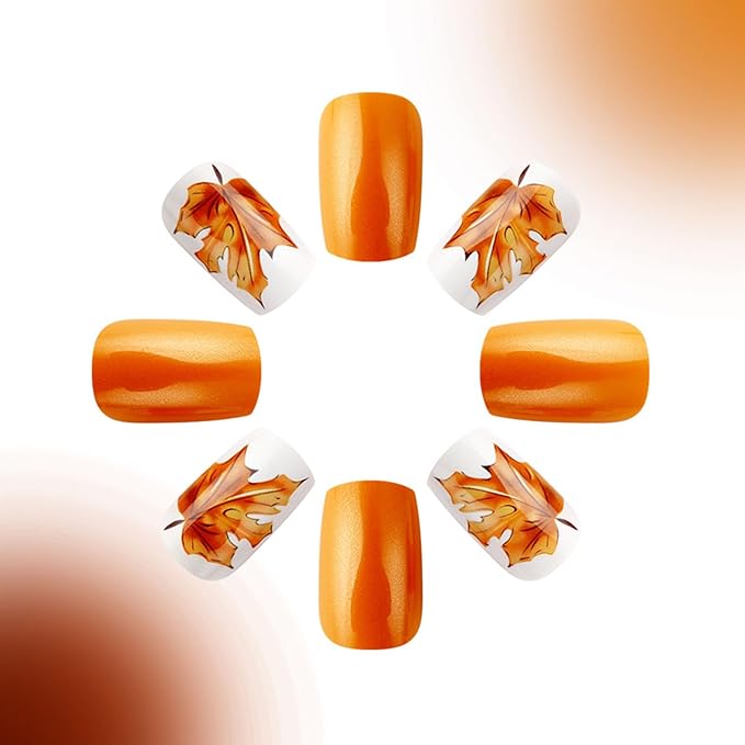 Thanksgiving Press on Nails Medium Square Fake Nails with Maple Leaf & Plaid Designs Orange Nails Press ons Glossy Glue on Nails Fall False Nails Brown Stick on Nails for Women 24Pcs