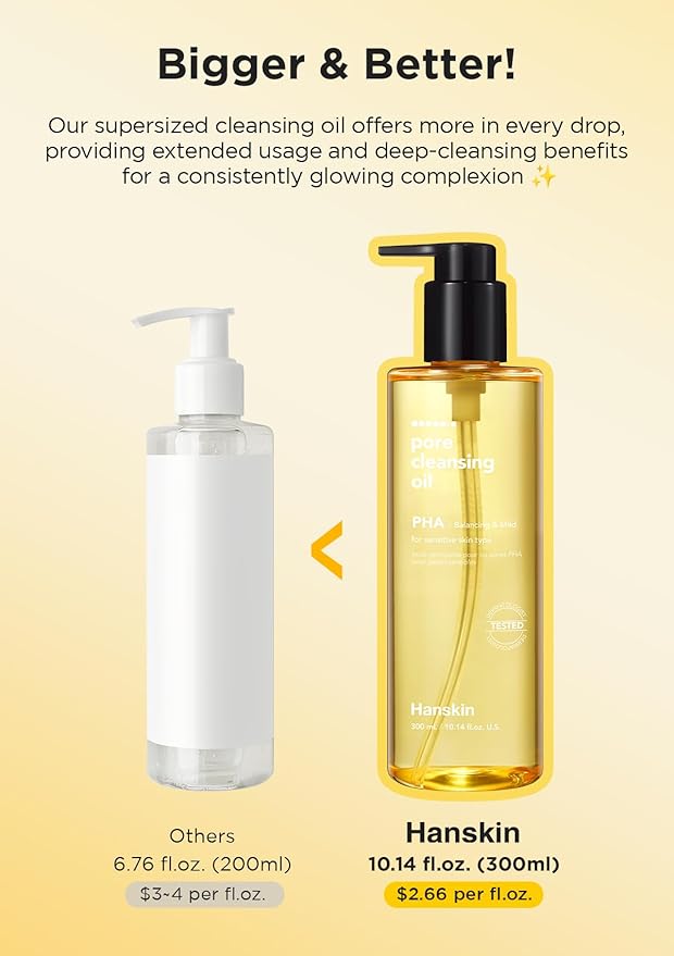 Hanskin Pore Cleansing Oil, Oil Cleanser for Face, Makeup Blackhead Sebum Remover, Korean Deep Pore Cleanser for Sensitive Skin [PHA] (10.14 oz)