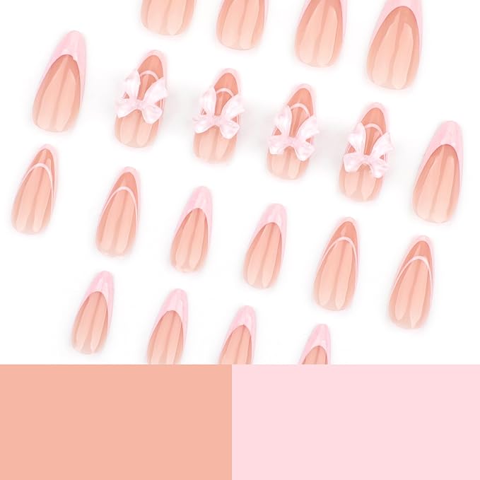 24Pcs French Press on Nails Medium Almond Fake Nails with 3D Bow Rhinestones Pink French Tip Design False Nails Pink Bow Charms Acrylic Stick on Nails Artificial Fingernails Nails Press ons for Women