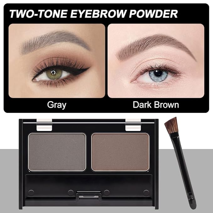 Eye Brow Powder for Women, Medium Brown Eyebrow Powder Kit with Double-ended Eyebrow Brush, Long-Lasting Waterproof Two Colors, Purse-Friendly Compact, Cruelty Free (Medium Brown+Grey)