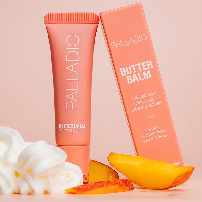 Palladio Butter Balm - Hydrating Lip Balm with Sheer Tint, Aloe, Peptides, Shea Butter, and Vegan Formulation for Instant Moisture, Shine, and Soothing Lip Care, Peaches & Cream