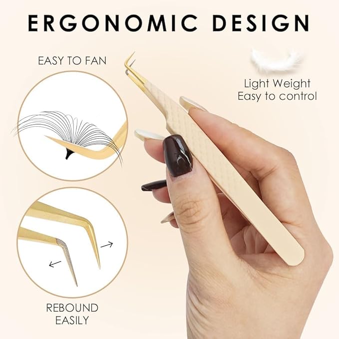 Beige Fiber Tip Lash Tweezers for Eyelash Extensions – S Shape for Volume & Isolation, Professional Lash Technician Precision Tool