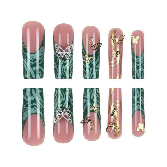 Long Press on Nails Square Fake Nails French Tip False Nails Green Artificial Nails with Butterfly Designs Stick on Nails for Women 24pcs