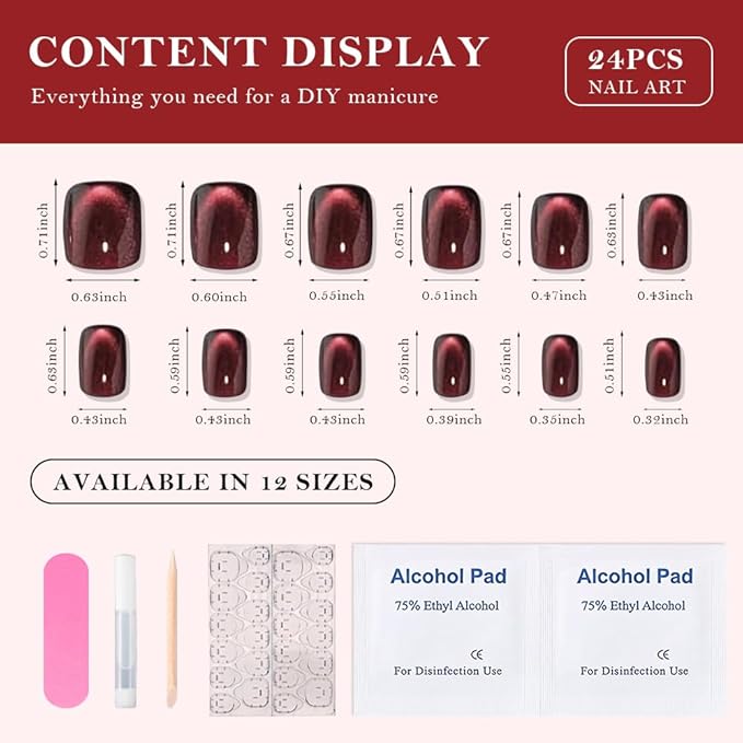 evpct Wine Red Cat Eye Extra Short Press on Nails Square, Petite Short Square Glue on Nails for Women Gift, Black Wine Red Metallic Glitter Glossy Reusable Gel Press on Acrylic Fake Nail with Designs