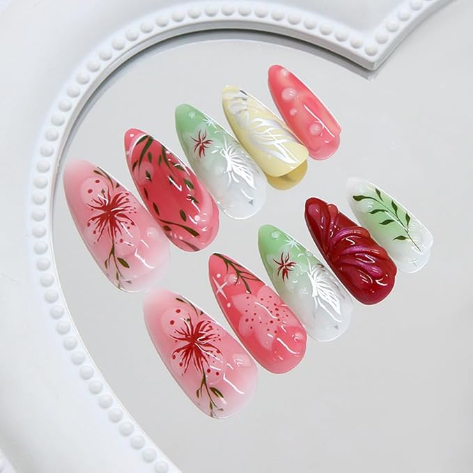 24Pcs 3D Flower Press on Nails Medium Almond Fake Nails Tulip Peach Blossom Butterfly Leaf Nail Design Pink Green Floral Glue on Nails Acrylic Nail Spring Summer Nails Press ons False Nails for Women