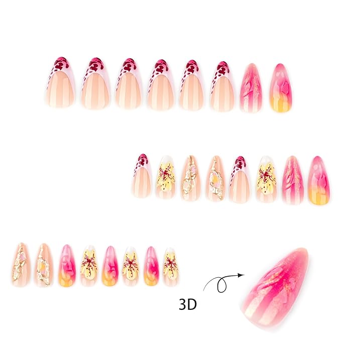 3D Flower Press on Nails Medium Almond Fake Nails French Leopard Print False Nails Full Cover Acrylic Nail Tips Pearlescent Glitter Stick on Nail Artificial Glue on Nail for Women 24Pcs