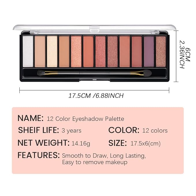 12 Colors Warm Eyeshadow Palette – Matte, Shimmer & Glitter Copper Coral Tones – Rose Gold, Champagne, Bronze & Terracotta Shades – High Pigment, Long-Lasting Eye Makeup for Women – 04#