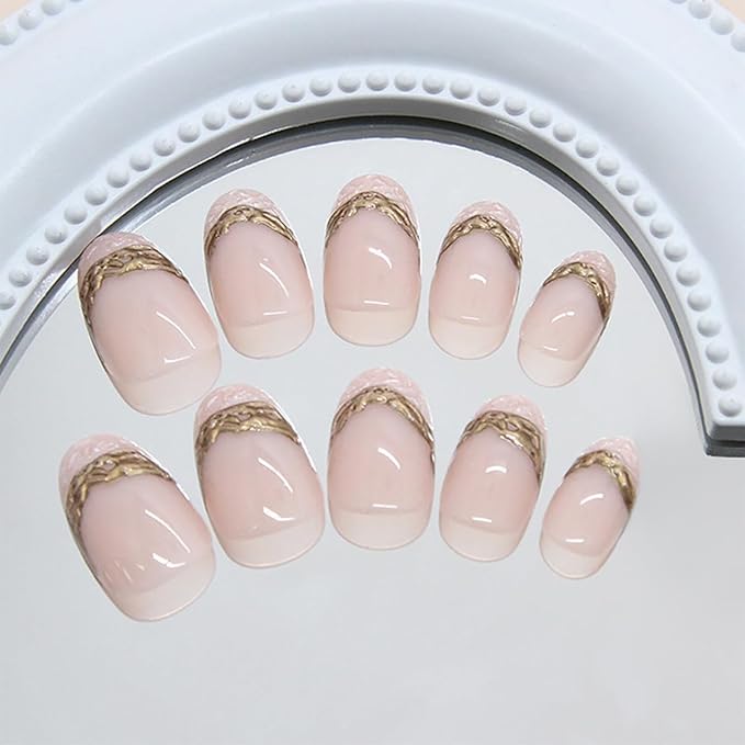 24Pcs White French Tip Press on Nails Medium Almond Fake Nails with 3D Gilded Line Design Glitter False Nails Full Cover Artificial Glue on Nails Nude Stick on Nails Reusable Nail Supplies for Women