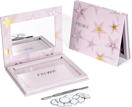 Magnetic Empty Makeup Palette with Mirror – Customizable Refillable Case for Eyeshadow, Blush, Lipstick, Highlighter – Lightweight, Waterproof, with Spatula & 20 Metal Stickers (Pink, Medium)