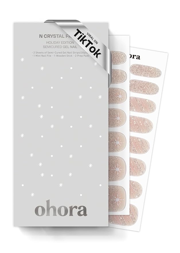 ohora Semi Cured Gel Nail Strips (N Crystal Frost) - Works with Any Lamps, Salon-Quality, Long Lasting, Easy to Apply & Remove - Includes 2 Prep Pads, Nail File & Wooden Stick
