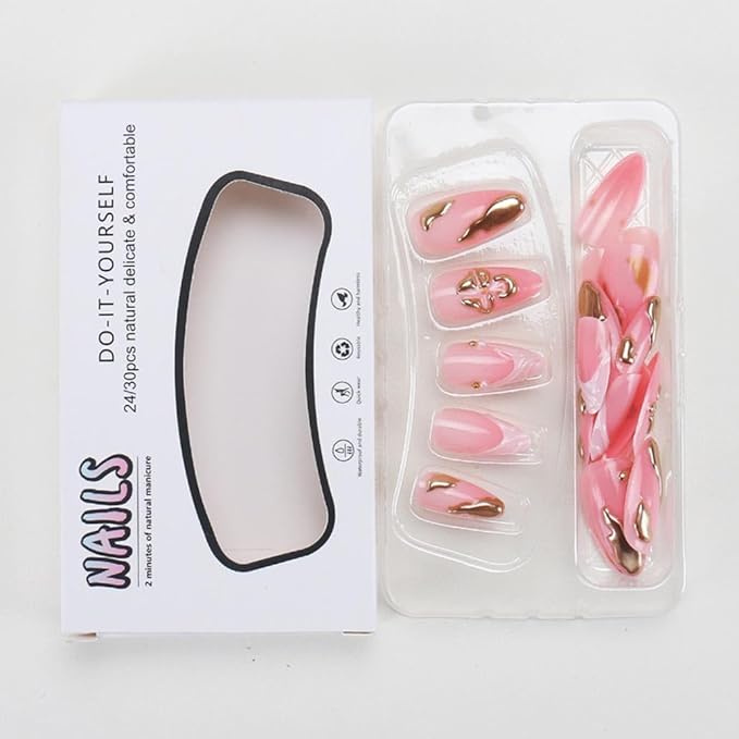Press on Nails Almond Fake Nails Pink Gold Line Design 3D French Tip False Nails with Glue on Nails Medium Acrylic Nails Glossy Full Cover Stick on Nails for Women Manicure 24Pcs
