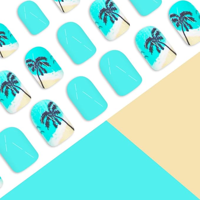 Summer Press on Nails Short Square Fake Nails Plam Tree False Nails Beach Glossy Full Cover Blue Acrylic Glue on Nails Reusable Cute Artificial Stick on Nails for Women Manicure 24 Pcs