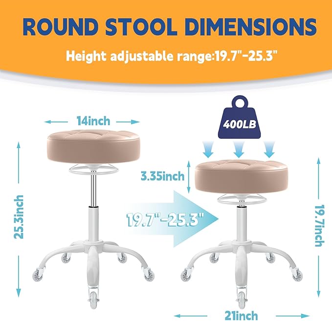Rolling Stool Heavy Duty 400lb: Super Soft Seat Cushion,360° Swive,Height Adjustability,No Squeaky Noises,No Tip Over,New Upgraded stool Salon Stool Chair, Tattoo Facial Massage Spa Medical(Beige)