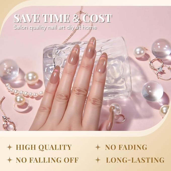 Cat Eye Nude Smile Press On Nails Medium Almond, Designer Reusable Acrylic Fake Nails with Glue, Glossy Soft Gel Nails Wedding and Party, Stick On Glue On Nails, Nails Press Ons for Women