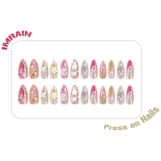 IMRAIN Press on Nails Nails Medium Almond Fake Nails Pink Yellow Flower False Nails Chrome Glossy Stick on Nails Full Cover Glue on Acrylic Nails for Women Girls 24Pcs