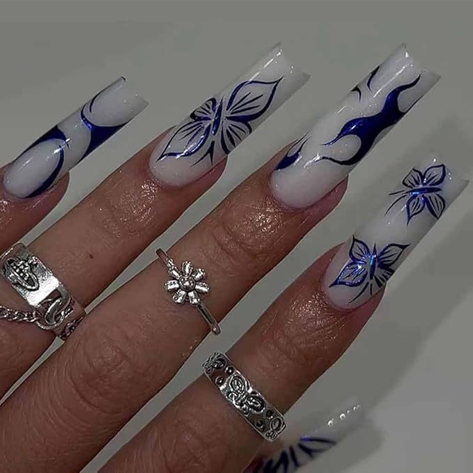 Long Blue Press on Nails Square Fake Nails White Full Cover Butterfly Acrylic False Nails Glossy Nails for Women and Girls-24PCS