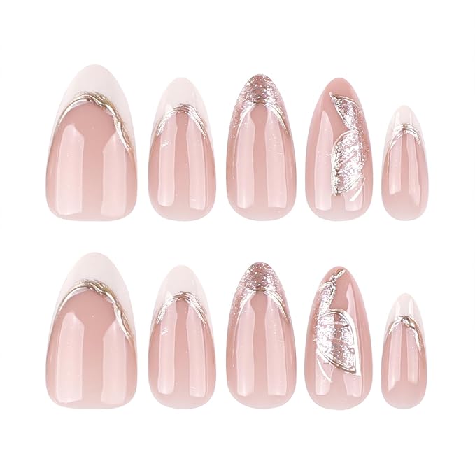 Medium Press On Nails Almond – Nude & White French Tips with Gold Foil and Glitter Accents, 24PCS Acrylic Fake Nails Kit with Glue and Tools, Elegant Glossy Stick On Nails for Women