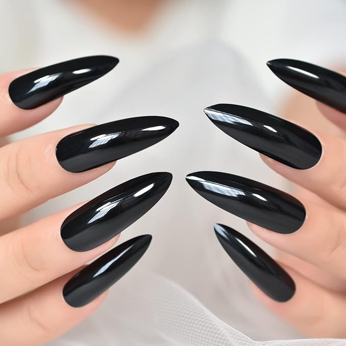 False Nails Glossy Solid Black Super Long Stiletto Press on Nails Reusable Wearable Fake Acrylic Nail Art Tips Salon DIY Manicure Gifts for Party with Adhesive Tabs Nail File