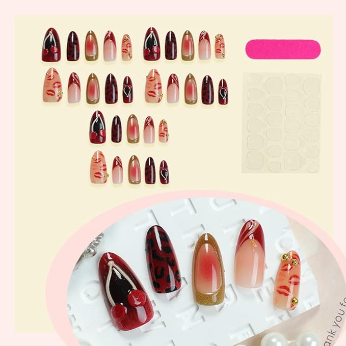 Red Lips Cherry Press on Nails Medium Almond Shaped False Nails with Golden Beads Designs NEWSPIED Valentines French Tip Fake Nails Red Glossy Acrylic Glue on Nails for Women Girls Manicure Tips 30Pcs
