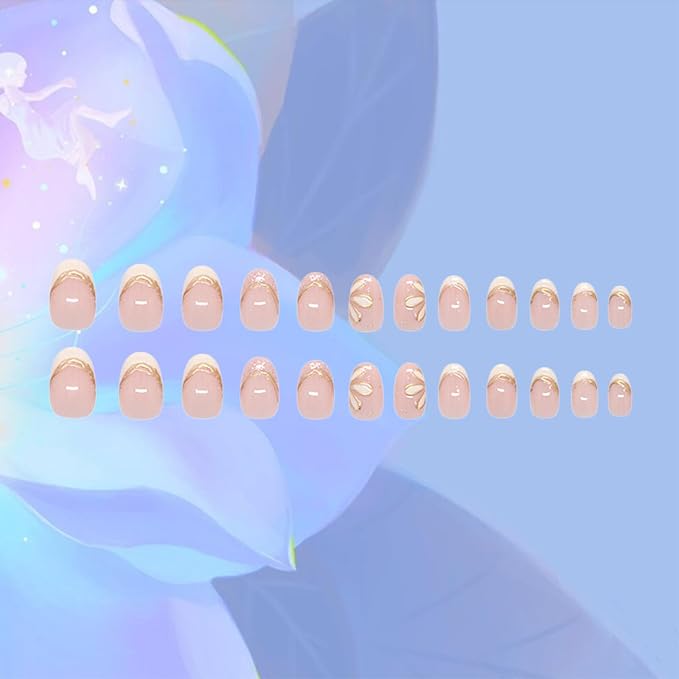 Summer Flower Press on Nails 3D Flowers Medium Almond False Nail Glossy White French Stick on Nail 24Pcs Gold Curve Line Gel Glue on Fingernails Acrylic Full Cover Fake Nails for Holiday Manicure Art