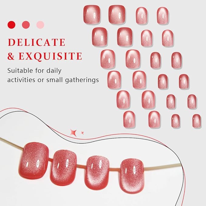 evpct Pink Cat Eye Extra Short Press on Nails Square, Petite Short Square Glue on Nails for Women Gift, Red Nude Pink Metallic Glitter Glossy Reusable Stick Gel Press on Acrylic Fake Nail with Designs