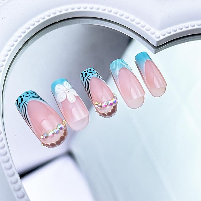 24pcs Blue French Tip Press on Nails Medium 3D Flower Fake Nails Square Nail Tips with Rhinestones Designs Cute Summer Floral False Nails Kit Full Cover Glossy Glue on Nails for Women