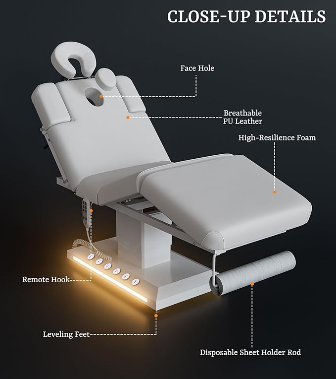 VARONXE Full Electric Massage Table Spa Bed, Professional Facial Bed with Independent Leg Adjustment, Armrests and Cradle, Medical Treatment Chair for Beauty Salon, White