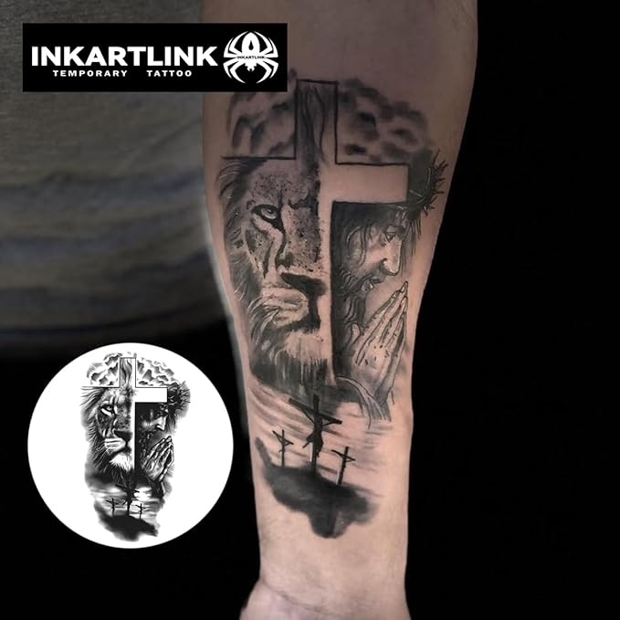 INKARTLINK Semi-Permanent Tattoos, religious large temporary hand tattoos for cool men and women, realistic, waterproof and cruelty-free (lion, Jesus cross)