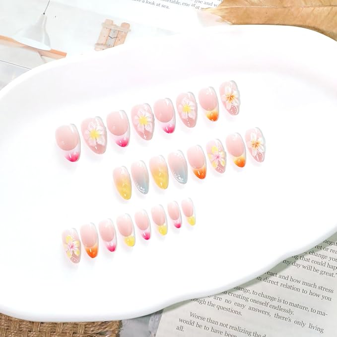24Pcs French Tip Press on Nails Short Almond Fake Nails 3D White Flowers Design Glossy Full Cover Stick on Nails Artificial Cute Nails Spring Summer False Nails for Women Girls Acrylic Manicure DIY