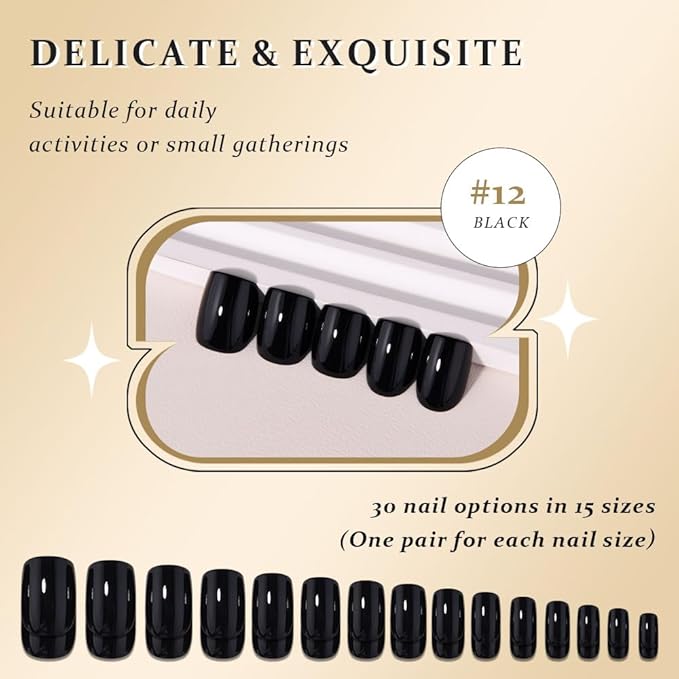 evpct Black Short Squoval Glossy Press on Nails for Women Gift, Glossy Black Fake Nail with Nail Glue Manicure Kit, Soft Gel Full Cover Reusable Stick on Glue on Acrylic False Nails Perfectly Fit