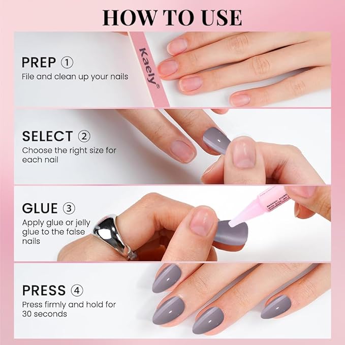 evpct Glossy Press on Nails Short Almond Short for Women, Taupe Grey Fake Nail with Glue Salon Quality Reusable Stick on Nails In 15 Sizes 30Pcs Full Cover False Nail Soft Gel Set Kit for Gift, 17