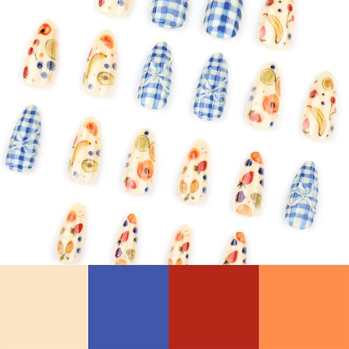 24pcs Fruit Press on Nails Medium Almond Fake Nails with Bow Lemon Banana Cherry Blueberry Strawberry Design Summer False Nails Kit Blue White Lattice Glue on Nails Full Cover Stick on Nails for Women