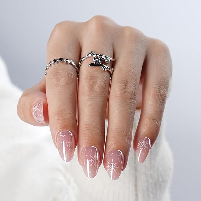 Pink Press on Nails, Short Press on Nails Almond Reusable Glossy Snowflake Nails Soft Gel False Nails Press ons for Women, 16 Sizes 32 Count Nails Kit with Glue (SV-15)