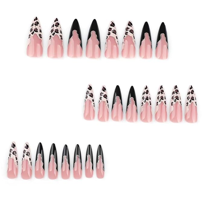 French Tip Press on Nails Long Fake Nails Stiletto False Nails with Leopard Print Design Gold Glitter Glossy Acrylic Artificial Nails Full Cover Stick on Nail for Women 24 Pcs