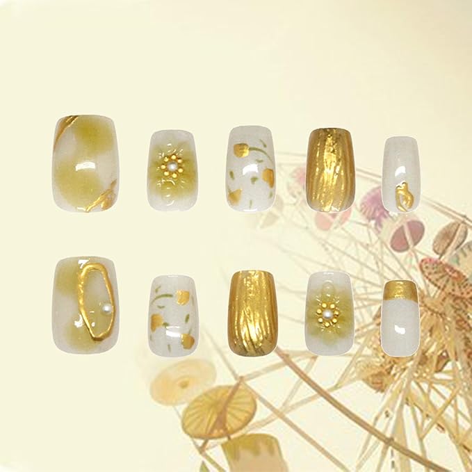 3D Flower Press on Nails Short Square Acrylic False Nails 24Pcs Curve Line Stick on Nails Glossy Gold Gradient Fake Nails Green Leaves Gel Glue on Nails for Coquette Women Girls