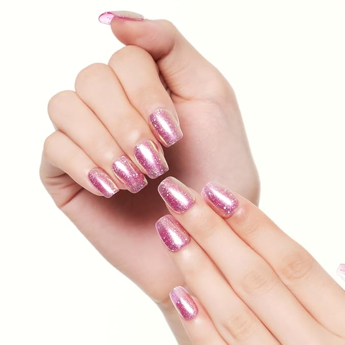 GLAMERMAID Glitter Pink Press On Nails Extra Short Square, Handmade Jelly Soft Gel Nails Fake Nails kit, Glossy Nails Manicure Kits Stick Glue on False Nail for Women Galaxy Star Design