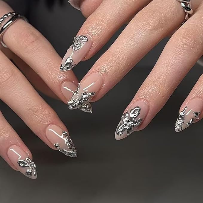 Almond Press on Nails Silver Fake Nails French Tip False Nails Press ons 3D Silver Chrome Design Glue on Acrylic Nails for Women Manicure Art Decoration 24Pcs