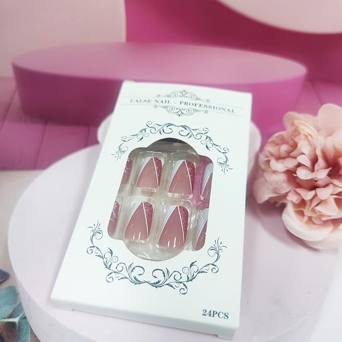 24Pcs Peach Blossom Stick on Nails Spring Flower Press on Nails Medium Square Acrylic Full Cover False Nails Glossy Pink Glitter Fake Nails Stars Gel Glue on Nails for Coquette Women Girls