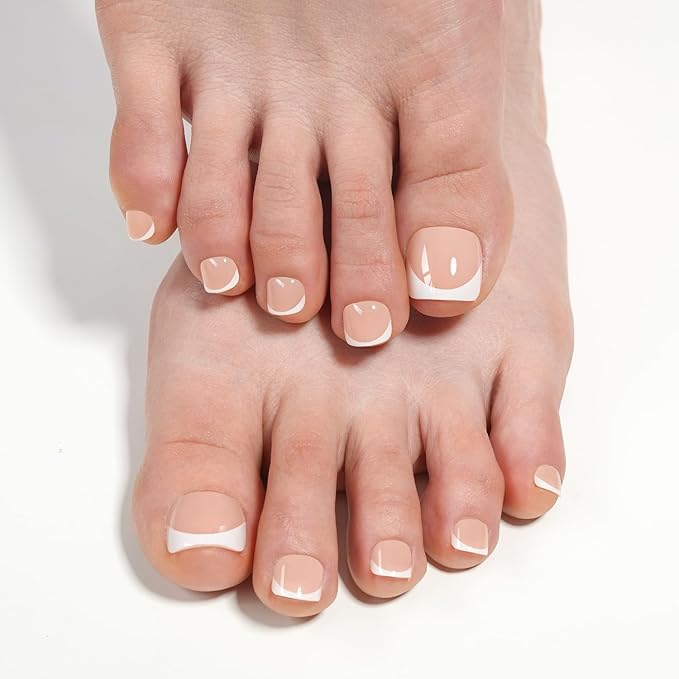 Vansiho 150 pcs Fake Toe Nail Tips Press on, French Tip Soft Gel Toenail Extension, Square Round Toenail Pre-applied Tip Primer & Base Coat, Soft Gel Fake Toe Nails for Home DIY 15 Sizes