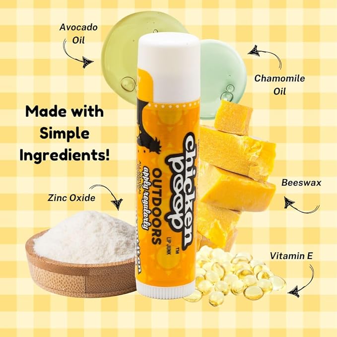 Chicken Poop Lip Balm Simone Chickenbone 100% Natural Moisturizer for Dry, Chapped Lips, Combo (Original, Mint, Outdoors with SPF 30, Coconut), 4 Pack