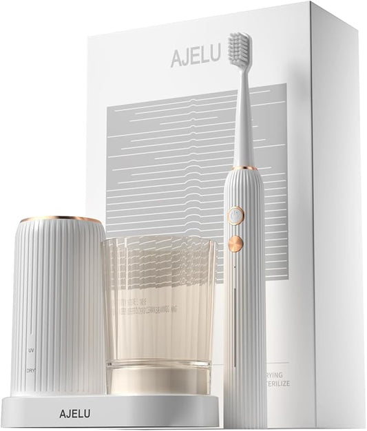 Electric Toothbrush Set with Drying & Sanitizing Holder, 8 Replacement Brush Heads, Transparent Rinse Cup, Smart Timer, USB Rechargeable for Adults