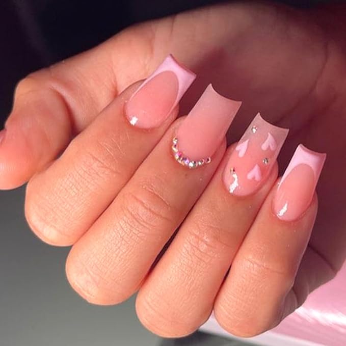 Hkanlre Medium Square Press on Nails Heart Fake Nails Tips Full Cover Pink Valentine's Day False Nails for Women and Girls 24PCS