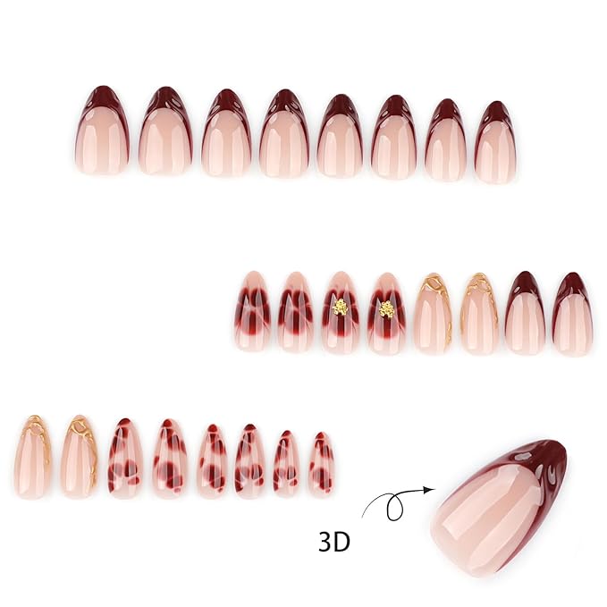 3D Dark Red French Tip Press on Nails Flower Medium Almond False Nails Glossy Gold Curve line Acrylic Fake Nail Tortoise Pattern Stick on Fingernails Petal Gel Glue on Nail for Women 24Pcs