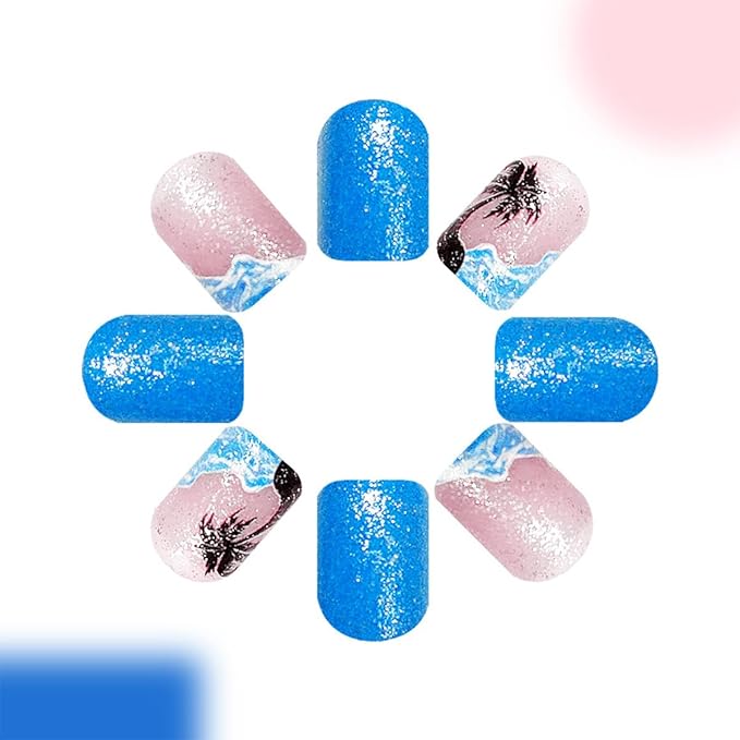 Blue Press on Nails Short Square Fake Nails with Designs Sea Wave False Nail Summer Glossy Full Cover Acrylic Nails Beach Glue on Nail Artificial Cute Stick on Nail for Women Manicure 24Pcs